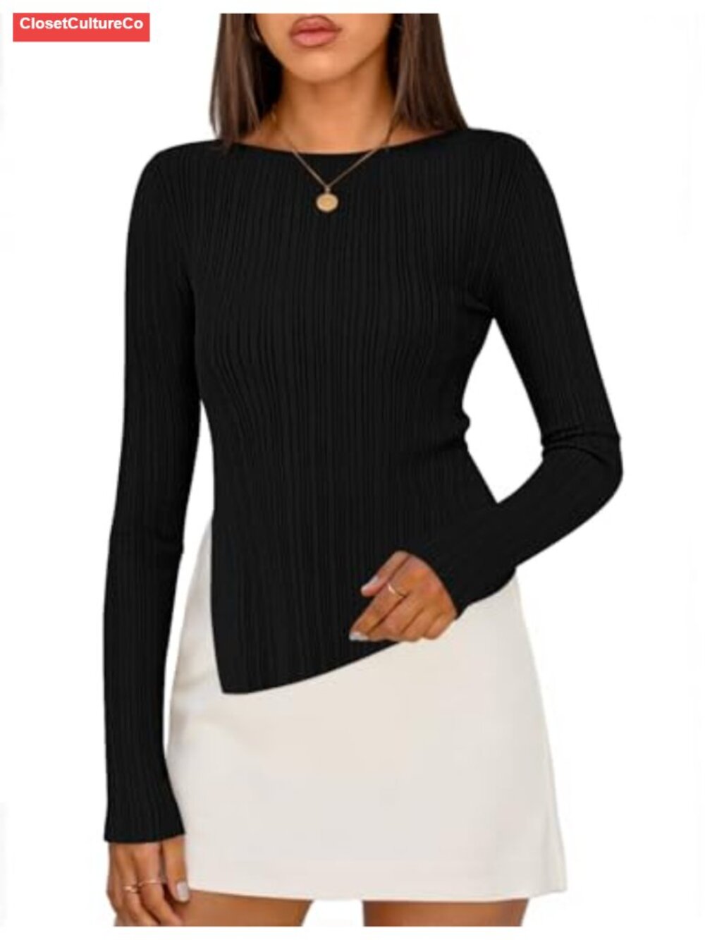 Women's Boat Neck Ribbed Knit Asymmetric Hem Pullover Sweater Long Sleeve
